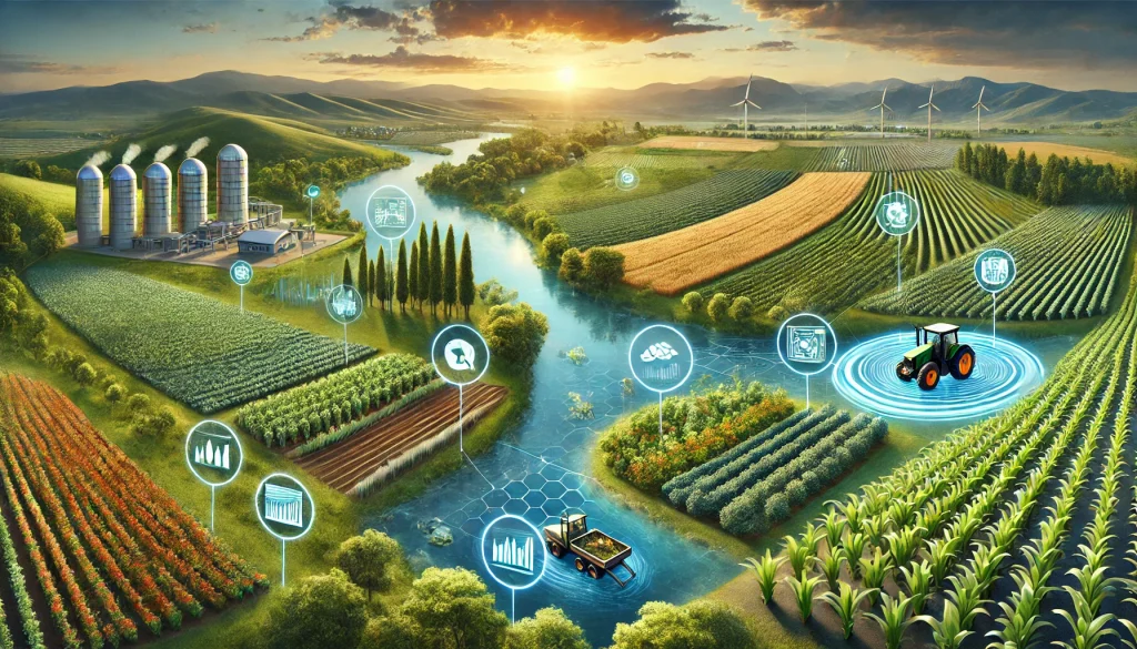 DALL·E 2024 08 09 12.56.17 A futuristic landscape image illustrating the overall research on reducing agricultural pollution through sustainable practices and technology. The im