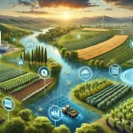 DALL·E 2024 08 09 12.56.17 A futuristic landscape image illustrating the overall research on reducing agricultural pollution through sustainable practices and technology. The im