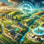 DALL·E 2024 08 09 13.00.42 A futuristic landscape image illustrating the vision of revitalizing the farming industry by attracting and supporting a new generation of farmers. Th