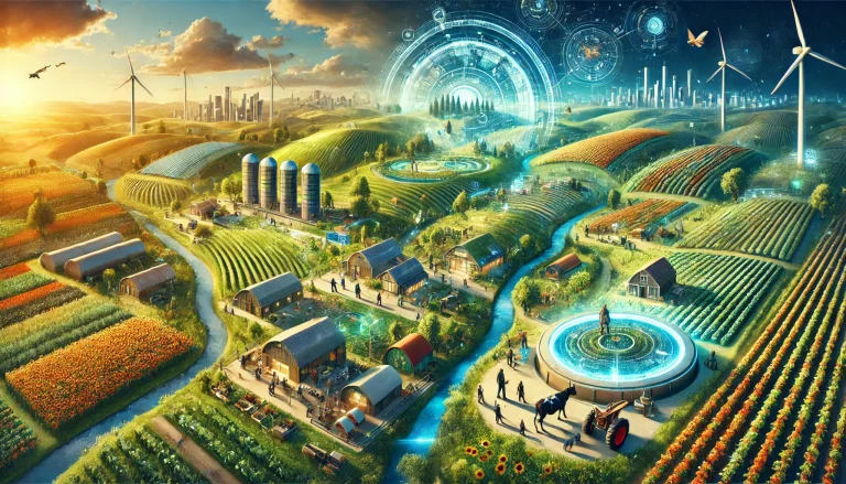 DALL·E 2024 08 09 13.00.42 A futuristic landscape image illustrating the vision of revitalizing the farming industry by attracting and supporting a new generation of farmers. Th