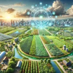 DALL·E 2024 08 09 13.04.45 A futuristic landscape illustrating the vision of protecting farmland from urbanization and promoting sustainable agriculture. The image shows a thriv