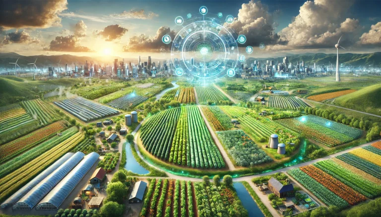 DALL·E 2024 08 09 13.04.45 A futuristic landscape illustrating the vision of protecting farmland from urbanization and promoting sustainable agriculture. The image shows a thriv