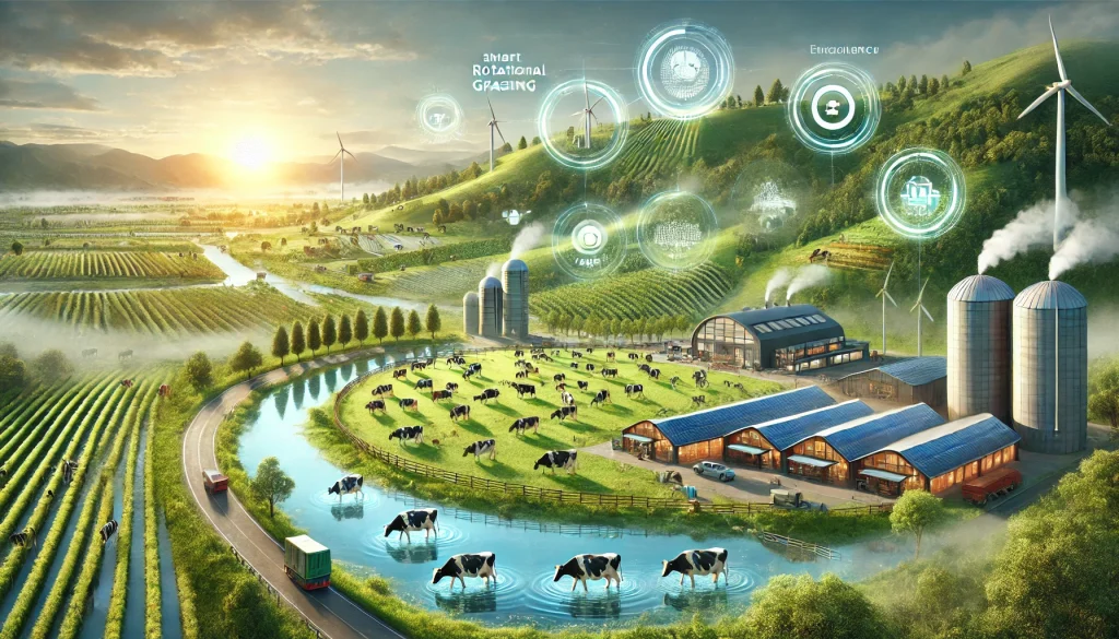 DALL·E 2024 08 09 13.09.44 A futuristic landscape illustrating the vision of making livestock farming more sustainable. The scene depicts a thriving eco friendly farm environme