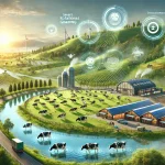 DALL·E 2024 08 09 13.09.44 A futuristic landscape illustrating the vision of making livestock farming more sustainable. The scene depicts a thriving eco friendly farm environme