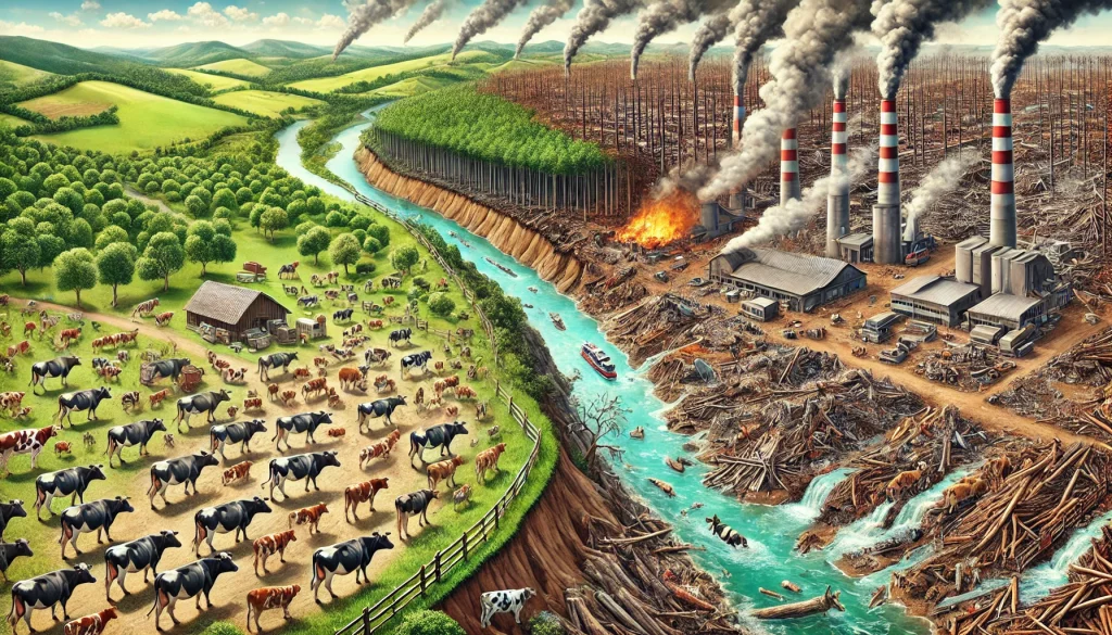 DALL·E 2024 08 09 13.10.32 A landscape image highlighting the environmental challenges of traditional livestock farming. The scene should depict the negative impacts including