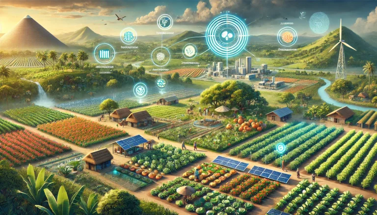 DALL·E 2024 08 09 13.19.08 A futuristic landscape image illustrating the vision of empowering smallholder farmers to overcome food insecurity through sustainable agriculture and