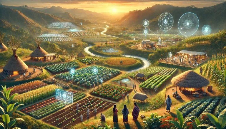 DALL·E 2024 08 09 13.24.38 A futuristic landscape illustrating the vision of preserving indigenous agricultural knowledge and integrating it into sustainable food systems. The s