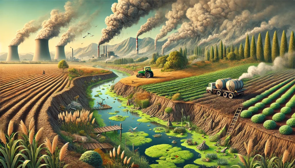 DALL·E 2024 08 09 13.35.49 A landscape highlighting the environmental challenges caused by the overuse of chemical fertilizers in agriculture. The scene depicts a struggling env