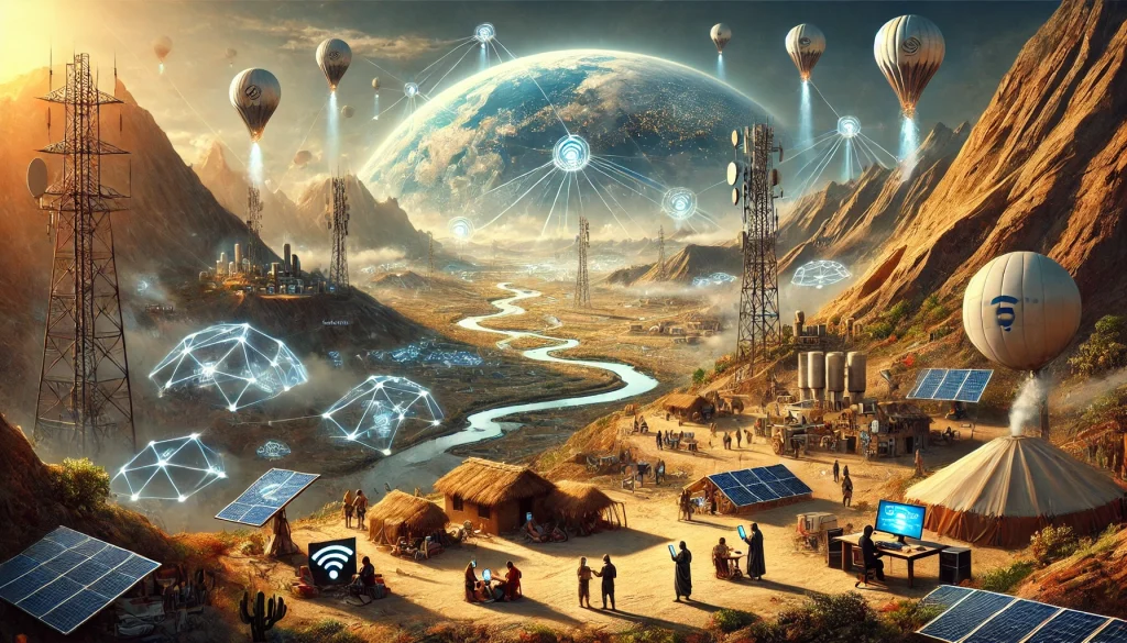 DALL·E 2024 08 09 13.50.49 A futuristic landscape illustrating the vision of overcoming barriers to ensure global access to communication services. The scene depicts a world whe