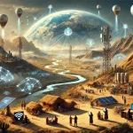 DALL·E 2024 08 09 13.50.49 A futuristic landscape illustrating the vision of overcoming barriers to ensure global access to communication services. The scene depicts a world whe