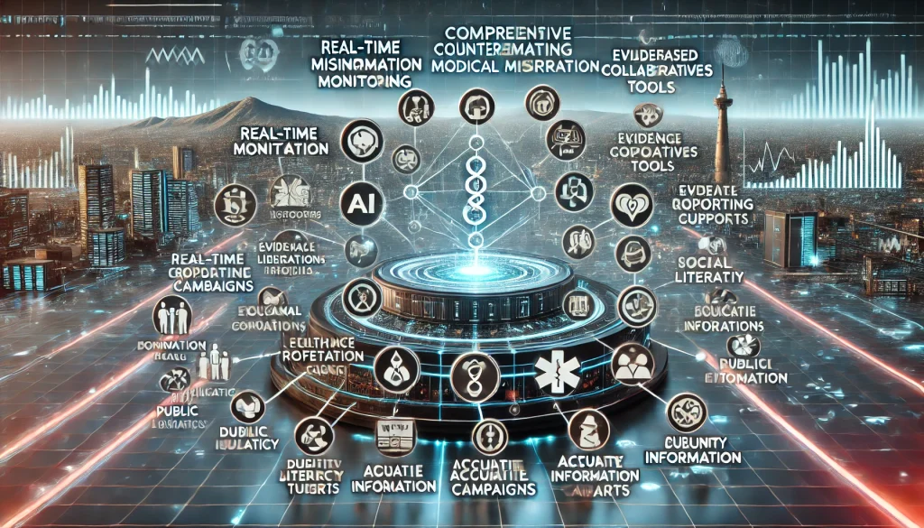 DALL·E 2024 08 12 11.11.06 A futuristic landscape image representing comprehensive research on combating medical misinformation. The scene should feature a central hub symbolizi