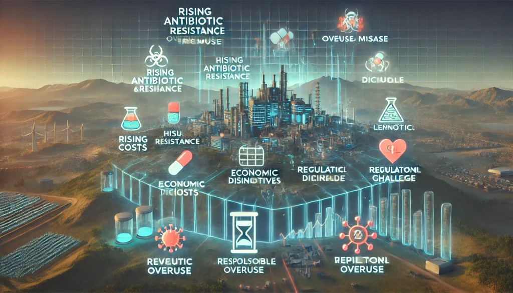 DALL·E 2024 08 12 11.15.37 A futuristic landscape image depicting pain points in combating antibiotic resistance for pharmaceutical manufacturers. The scene should feature advan