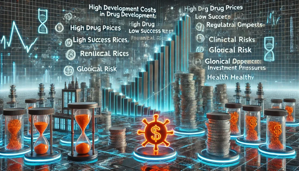 DALL·E 2024 08 12 11.25.50 A futuristic landscape image depicting the pain points in pharmaceutical drug development focusing on high development costs lengthy processes high