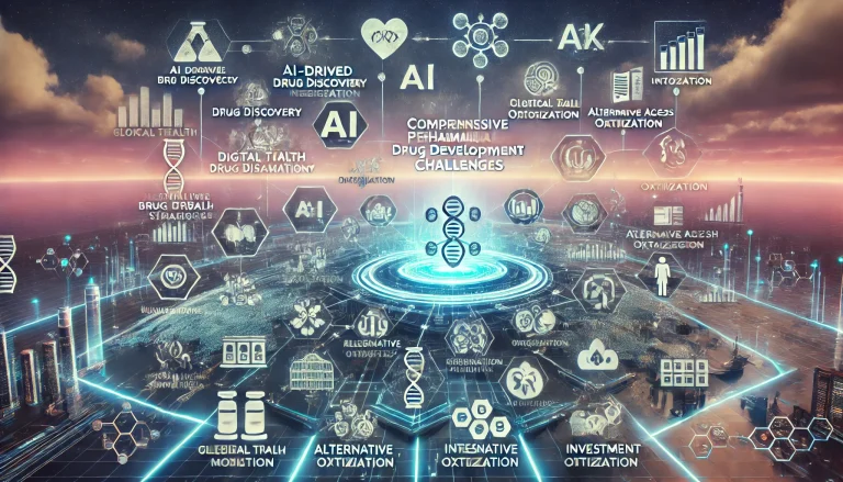 DALL·E 2024 08 12 11.26.13 A futuristic landscape image representing comprehensive research on pharmaceutical drug development challenges. The scene should feature a central hub