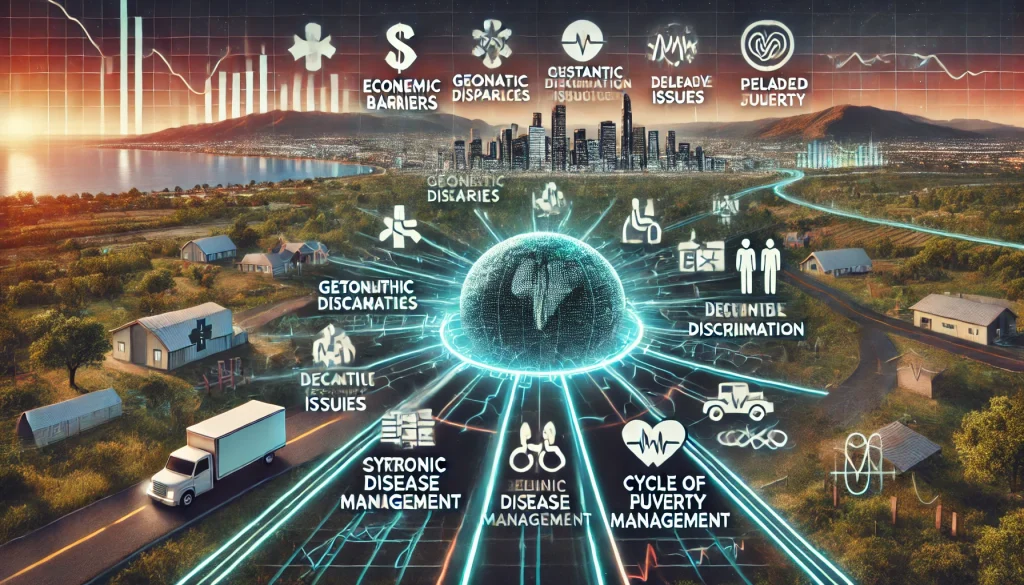 DALL·E 2024 08 12 11.30.34 A futuristic landscape image depicting the pain points in accessing healthcare in underserved communities. The scene should feature healthcare facilit