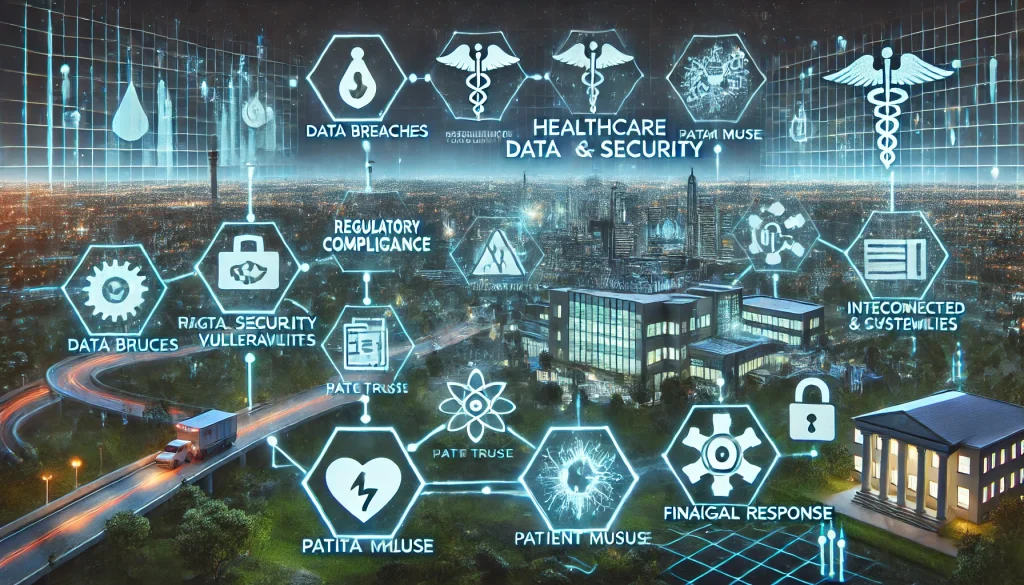 Safeguarding Patient Data in the Digital Age: Addressing Privacy and Security Challenges in Healthcare 2 DALL·E 2024 08 12 11.34.44 A futuristic landscape image depicting pain points in healthcare data privacy and security. The scene should feature digital infrastructure healthcar