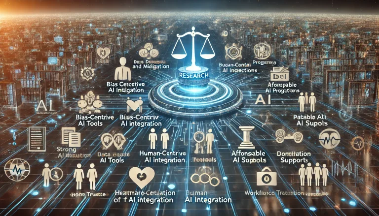 DALL·E 2024 08 12 11.40.08 A futuristic landscape image representing comprehensive research on the ethical integration of AI in healthcare. The scene should feature a central hu