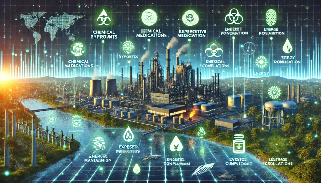 DALL·E 2024 08 12 11.44.16 A futuristic landscape image depicting pain points in the environmental impact of pharmaceutical manufacturing. The scene should feature manufacturing