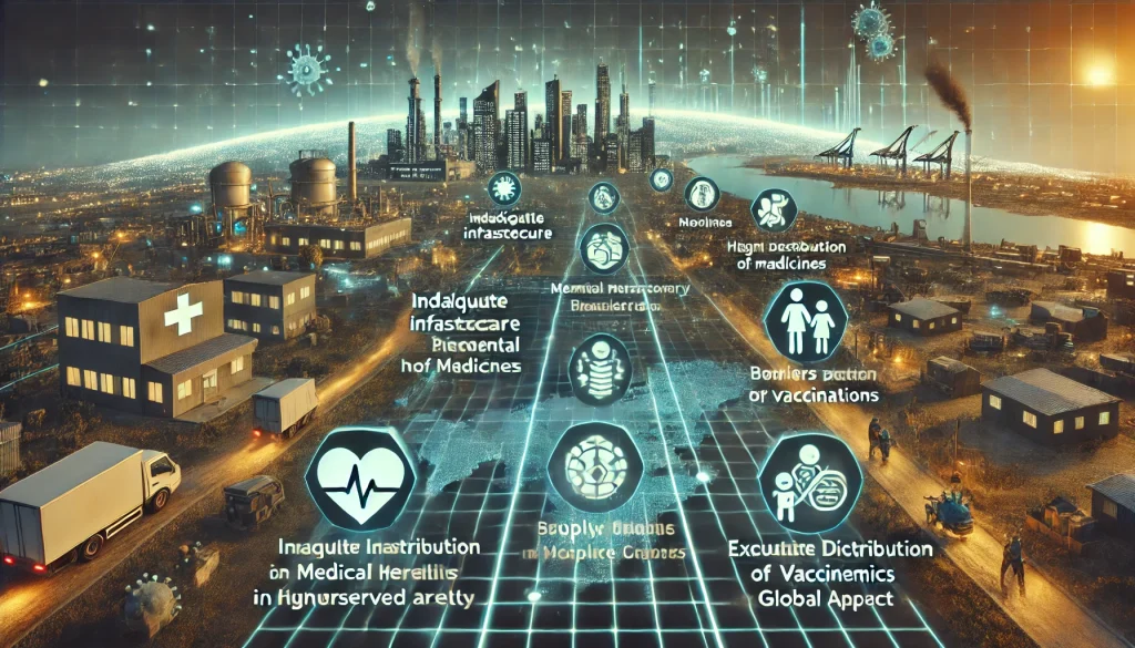 DALL·E 2024 08 12 11.48.05 A futuristic landscape image depicting pain points in global health inequality. The scene should feature healthcare facilities remote regions and te