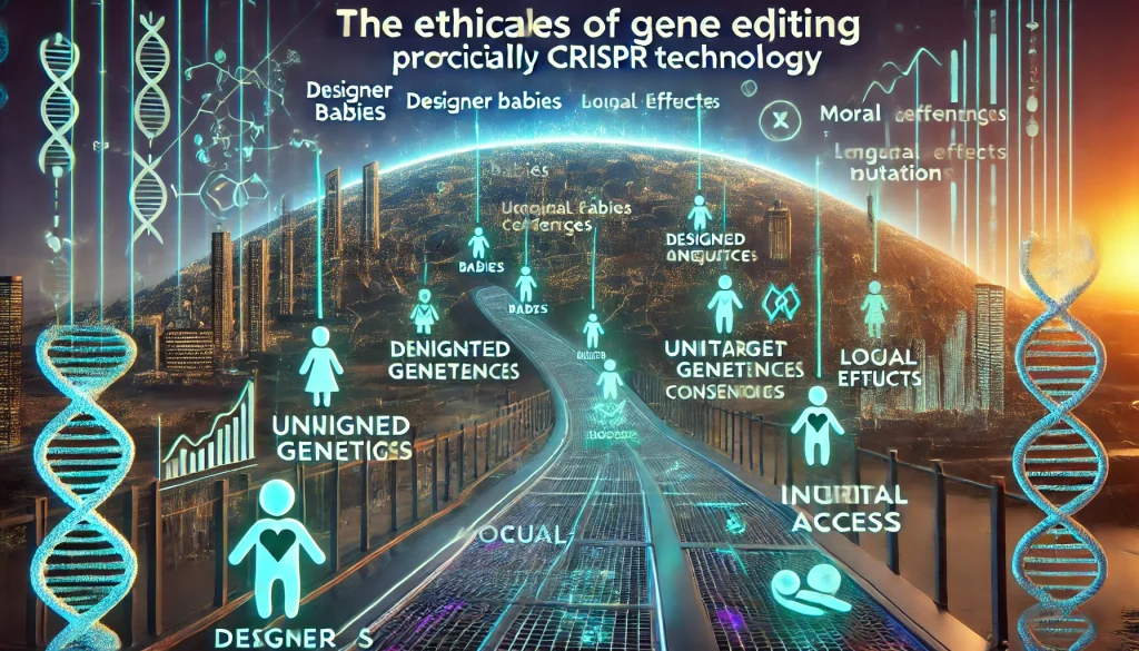 DALL·E 2024 08 12 11.55.55 A futuristic landscape image depicting pain points in the ethical challenges of gene editing particularly CRISPR technology. The scene should feature