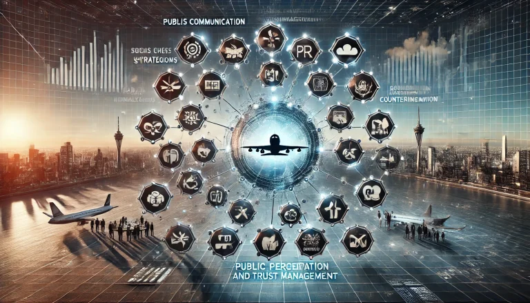 DALL·E 2024 08 13 11.02.15 A futuristic landscape image representing comprehensive research on public perception and trust management in the aviation industry. The scene should