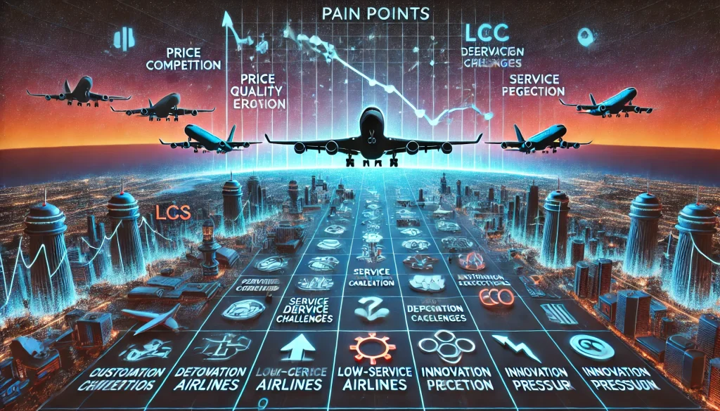 DALL·E 2024 08 13 11.09.44 A futuristic landscape image depicting pain points in the competition between traditional airlines and low cost carriers LCCs. The scene should feat