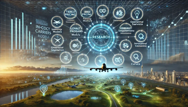 DALL·E 2024 08 13 11.10.16 A futuristic landscape image representing comprehensive research on traditional airlines competing with low cost carriers LCCs. The scene should fea