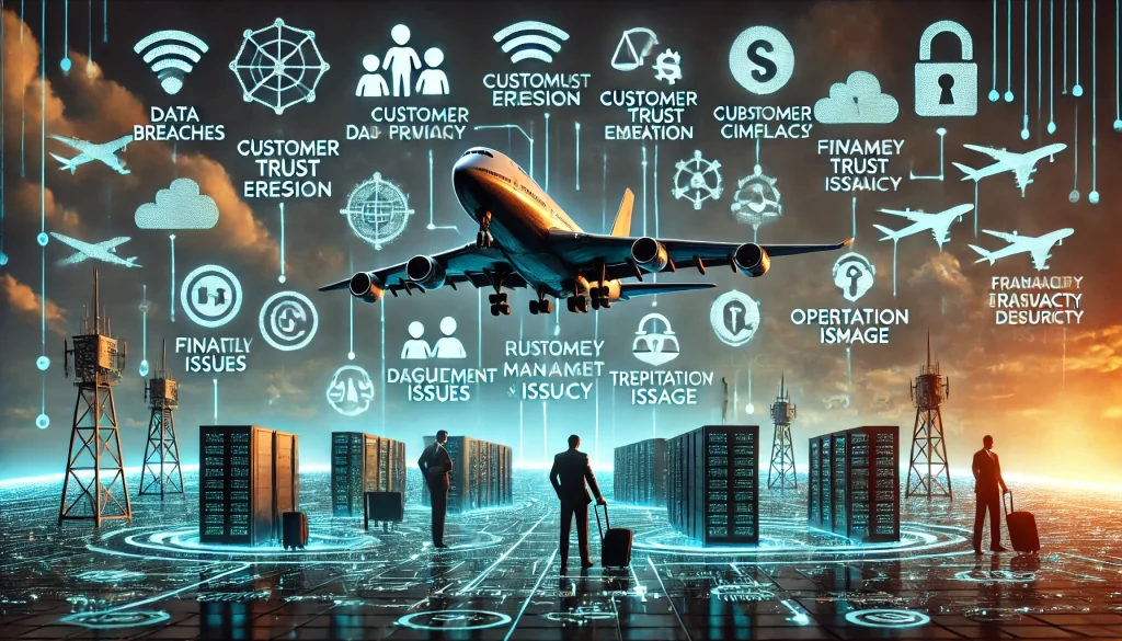 Balancing Data Utilization and Privacy: Addressing Cybersecurity in the Aviation Industry 2 DALL·E 2024 08 13 11.18.08 A futuristic landscape image depicting pain points in the aviation industrys handling of passenger data privacy and cybersecurity. The scene should f