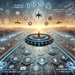 DALL·E 2024 08 13 11.18.30 A futuristic landscape image representing comprehensive research on data privacy and cybersecurity in the aviation industry. The scene should feature