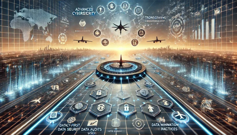 DALL·E 2024 08 13 11.18.30 A futuristic landscape image representing comprehensive research on data privacy and cybersecurity in the aviation industry. The scene should feature