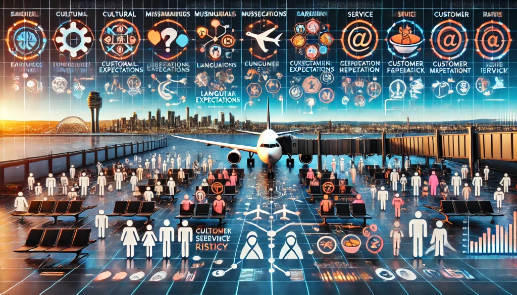 DALL·E 2024 08 13 11.23.55 A futuristic landscape image depicting pain points in global airlines management of cultural diversity language barriers and customer expectations