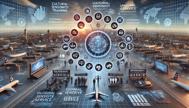 DALL·E 2024 08 13 11.24.25 A futuristic landscape image representing comprehensive research on global airlines strategies to manage cultural diversity language barriers and d