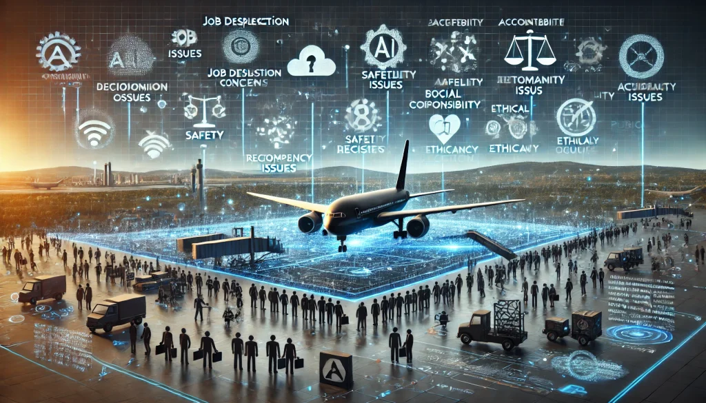 Navigating the Ethical Challenges of AI and Automation in Aviation 2 DALL·E 2024 08 13 11.28.39 A futuristic landscape image depicting pain points in the integration of AI and automation in the aviation industry. The scene should feature airplane