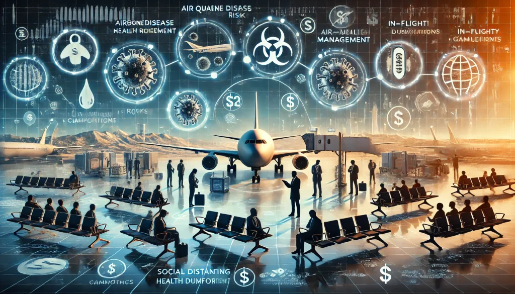 Balancing Health and Comfort: Ensuring Passenger Safety in the Air 2 DALL·E 2024 08 13 11.36.53 A futuristic landscape image depicting pain points in ensuring passenger health and safety during flights in the aviation industry. The scene should f