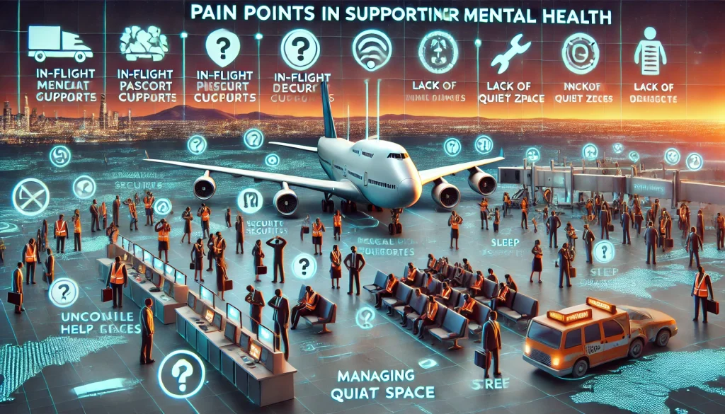 DALL·E 2024 08 13 11.51.47 A futuristic landscape image depicting pain points in supporting passenger mental health during flights in the aviation industry. The scene should fea