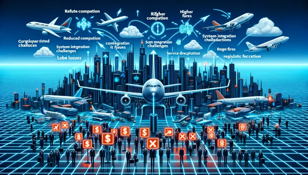 Navigating the Complexities of Airline Mergers: Balancing Efficiency with Fairness 2 DALL·E 2024 08 13 11.57.24 A futuristic landscape image depicting pain points in managing airline mergers. The scene should feature elements such as airplanes merging into one