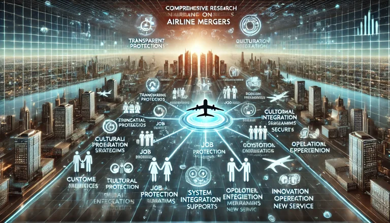 DALL·E 2024 08 13 11.58.13 A futuristic landscape image representing comprehensive research on managing airline mergers. The scene should feature a central hub symbolizing the r