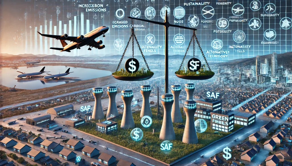 DALL·E 2024 08 13 12.41.59 A futuristic landscape image depicting pain points in balancing growth with sustainability in the aviation industry. The scene should feature an airpo