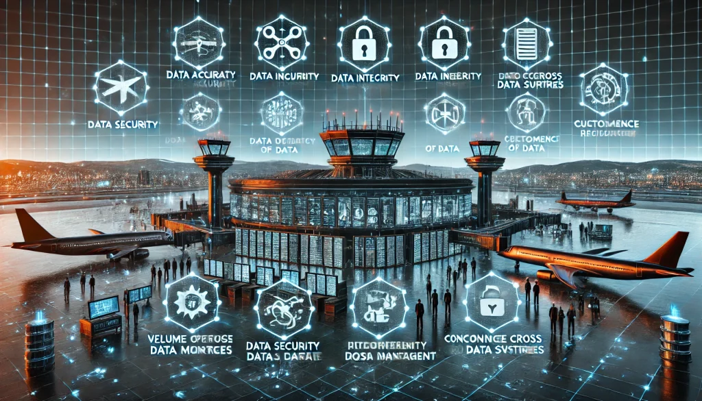 DALL·E 2024 08 13 12.47.17 A futuristic landscape image depicting pain points in managing data in the aviation industry. The scene should feature an airport control center with