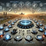 DALL·E 2024 08 13 12.47.36 A futuristic landscape image representing comprehensive research on managing data in the aviation industry. The scene should feature a central hub sym