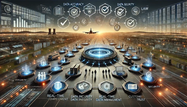 DALL·E 2024 08 13 12.47.36 A futuristic landscape image representing comprehensive research on managing data in the aviation industry. The scene should feature a central hub sym