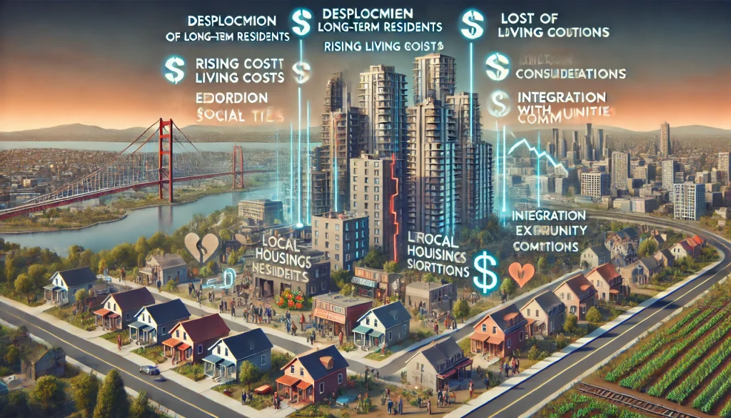 DALL·E 2024 08 13 12.57.28 A futuristic landscape image depicting pain points in gentrification within urban neighborhoods. The scene should include elements such as new high ri