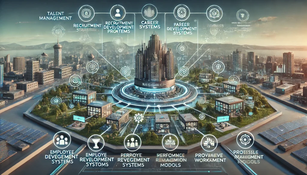 DALL·E 2024 08 13 13.03.29 A futuristic landscape image representing comprehensive research on talent management in the real estate industry. The scene should feature a central