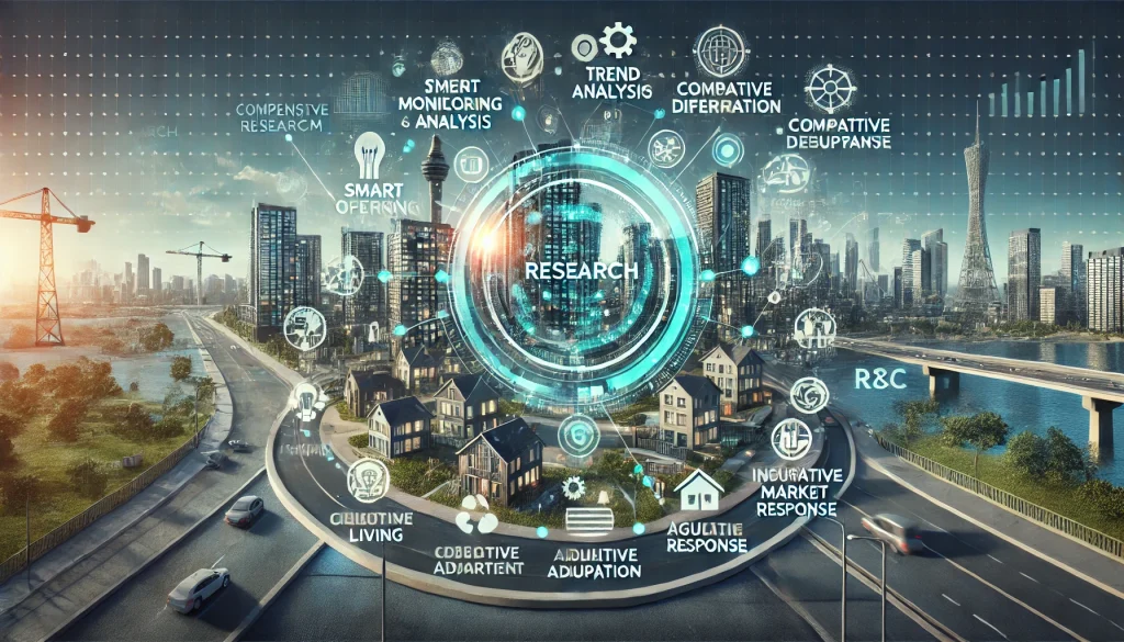 DALL·E 2024 08 13 13.08.16 A futuristic landscape image representing comprehensive research on adapting to evolving consumer preferences in the real estate industry. The scene s