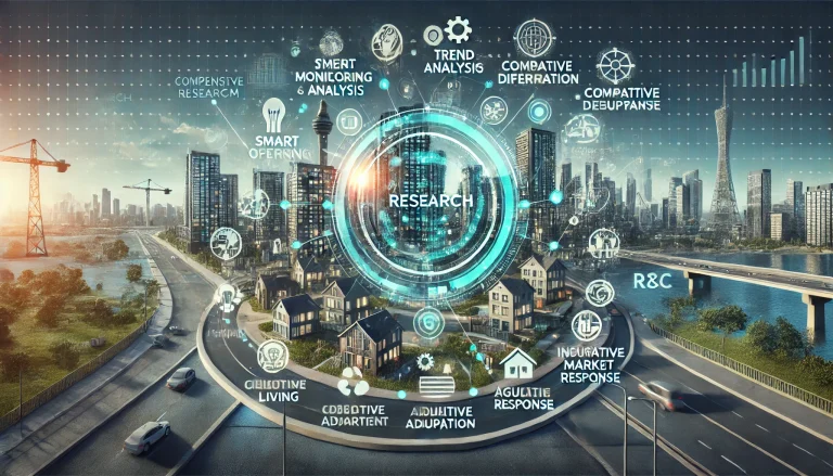 DALL·E 2024 08 13 13.08.16 A futuristic landscape image representing comprehensive research on adapting to evolving consumer preferences in the real estate industry. The scene s