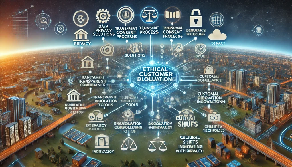 DALL·E 2024 08 14 11.32.53 A futuristic landscape image representing comprehensive research on the ethical use of customer data in the financial industry. The scene should featu