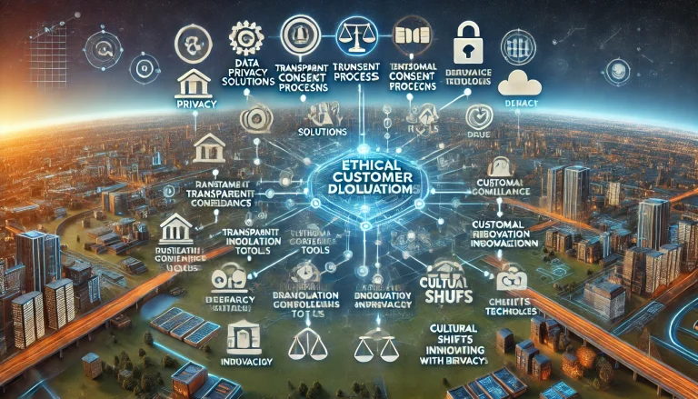 DALL·E 2024 08 14 11.32.53 A futuristic landscape image representing comprehensive research on the ethical use of customer data in the financial industry. The scene should featu