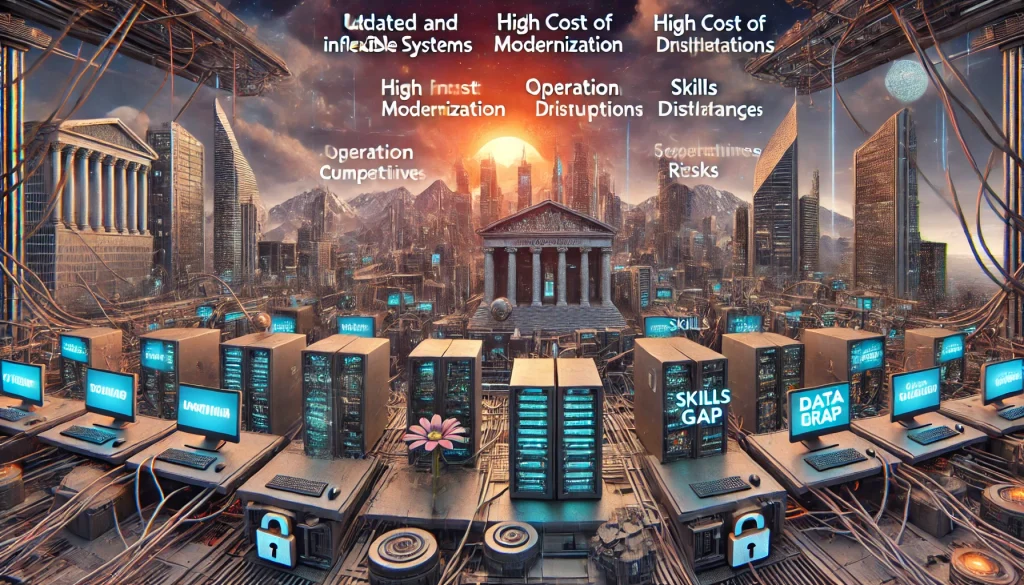 DALL·E 2024 08 14 11.38.29 A futuristic landscape image depicting pain points related to legacy systems in financial institutions. The scene should include elements such as outd