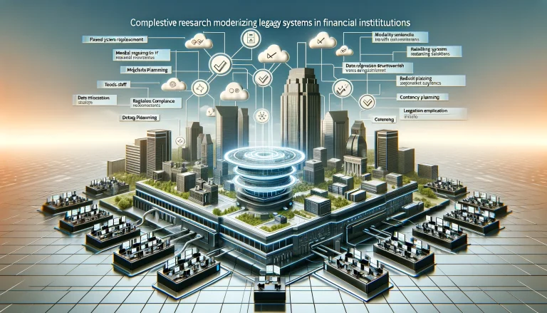 DALL·E 2024 08 14 11.38.50 A futuristic landscape image representing comprehensive research on modernizing legacy systems in financial institutions. The scene should feature a c