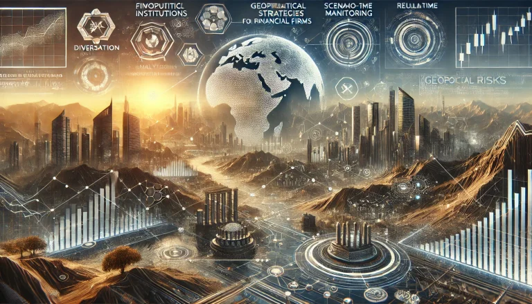 DALL·E 2024 08 14 12.26.34 A futuristic landscape image representing the overall research on geopolitical risks for financial firms. The image should feature a global network of